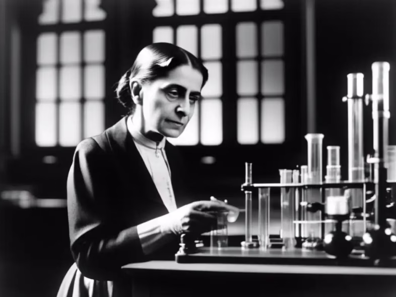Image de Lise Meitner dans un laboratoire en train de manipulé des flacons